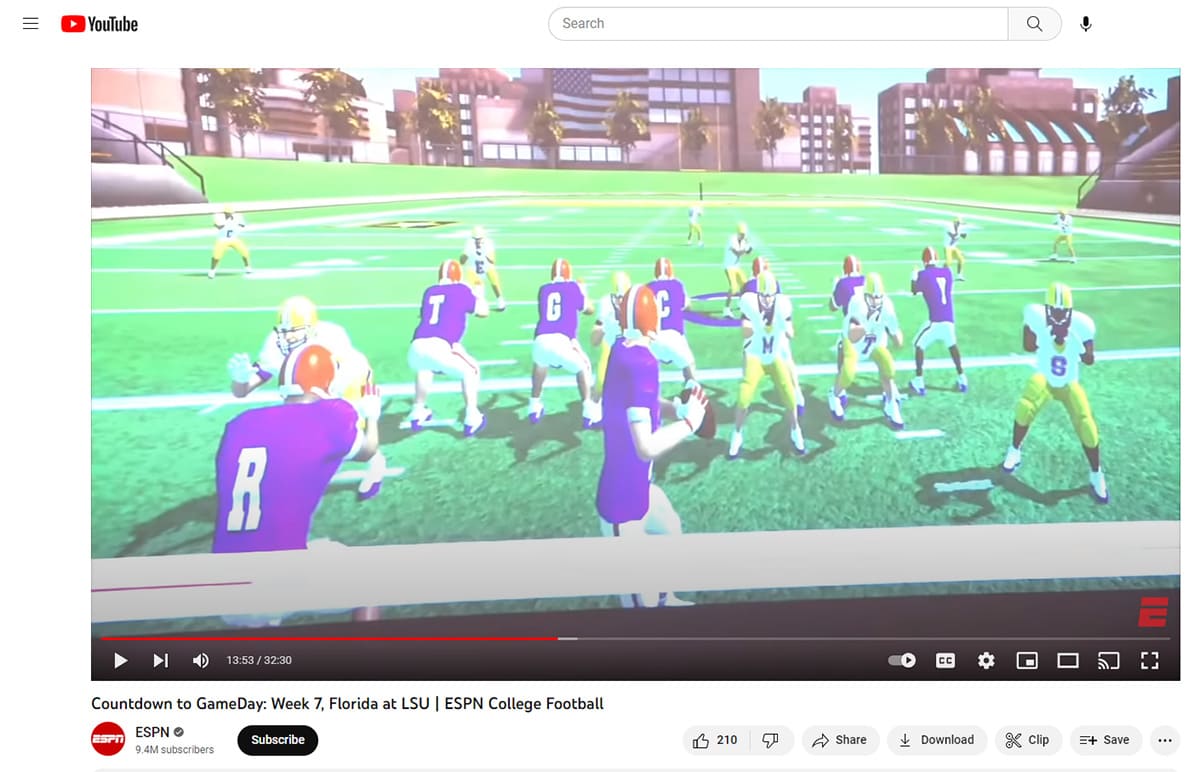 A screenshot of Maria Taylor College GameDay story about LSU's Grant Delpit show video projected onto the WalkThroughWall installed by 8K Solutions in the LSU football practice facility.