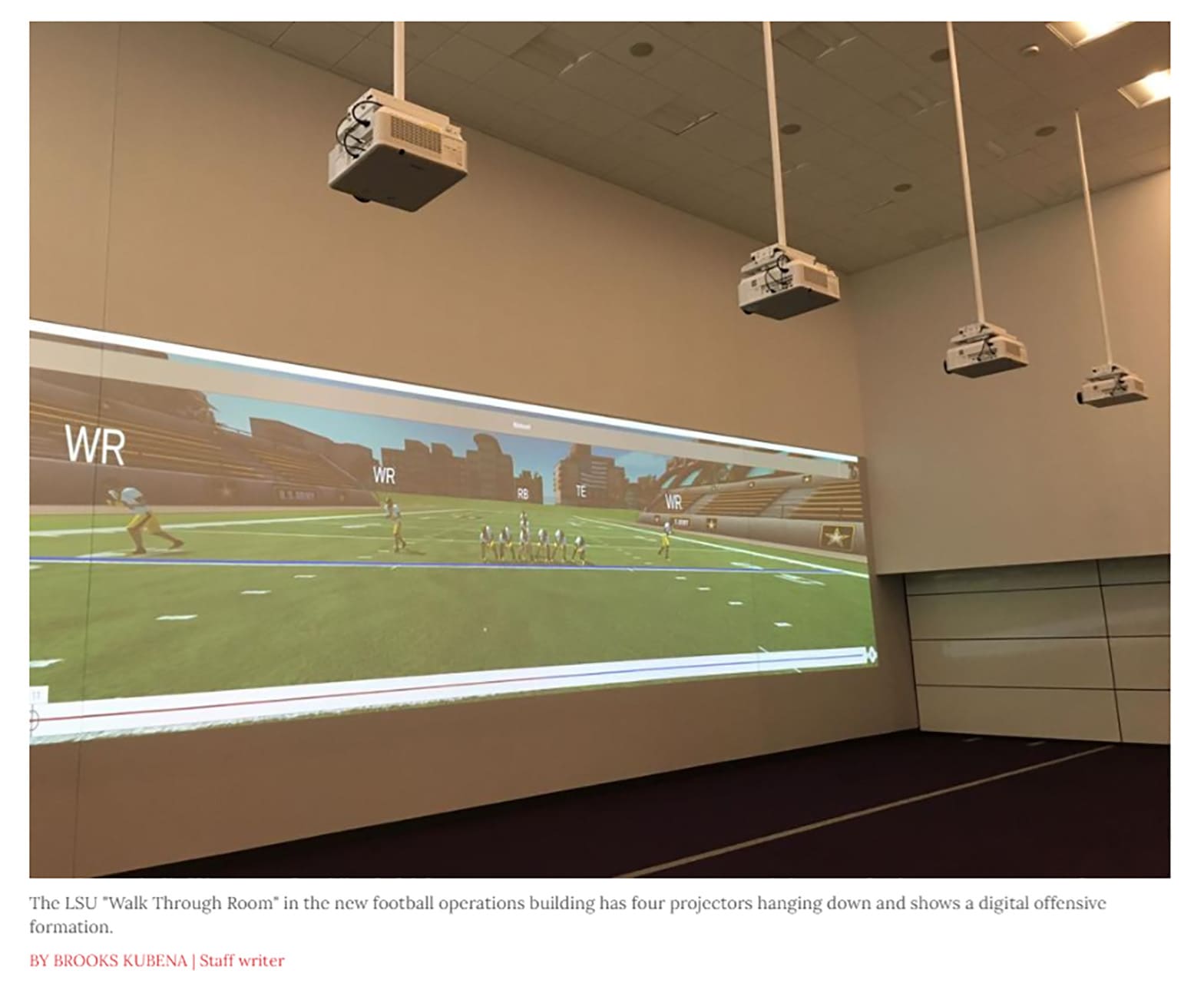 Screenshot of photo from The Advocate story touting the 8K Solutions Walk Through Wall installed at the LSU Football practice facility.