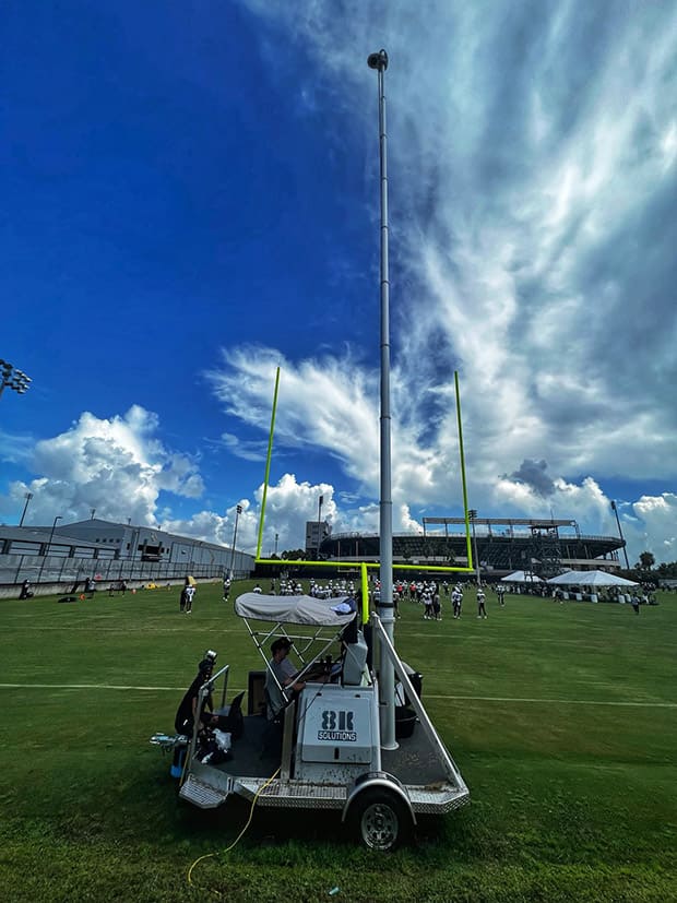 8KSolutions mastRcam, a portable hihg-angle video camera that allows video staff to remain safely on the ground, pictured at the UCF Knights football practice facility.