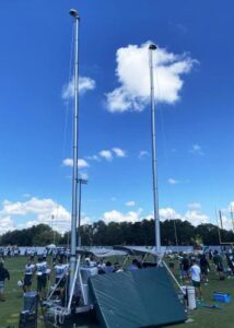 An 8K Solutions mastRcam at the USF Bulls outdoor football practice field. A mastRcam is a small, trailer-mounted, remote control camera that can be raised 55' in the air to capture high-angle broadcast-quality video.