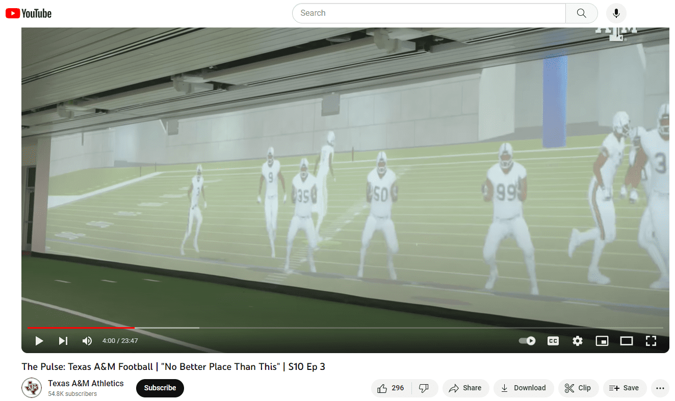Screen capture of Texas A&M The Pulse on YouTube, highlighting new $120 million football training facilities. The screen capture shows the full-field-width WTW with generated opponent, lifesize.