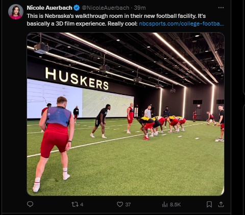 Photo by NBC Lead College Football Reporter Nicole Auerbach. Nebraska football players are lined up in the walk through room with 3D Playbook, a product from 8K Solutions that lets coaches modify plays from any game. Auerbach's story is on Nebraska's preparation for Colorado on Sept. 7, 2024.